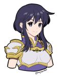  1girl armor artist_name black_hair breastplate close-up eyelashes fire_emblem fire_emblem:_genealogy_of_the_holy_war fire_emblem_heroes larcei_(fire_emblem) looking_at_viewer maji_(majibomber) pauldrons purple_eyes short_hair shoulder_armor simple_background smile solo tomboy white_background 