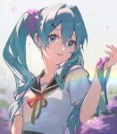  1girl aqua_eyes blue_eyes bow commentary flower hair_between_eyes hair_ornament hair_over_shoulder hairclip hand_up hatsune_miku highres hua_ben_wuming long_hair looking_at_viewer open_hand parted_lips rain rainbow red_bow sailor_collar sailor_shirt shirt short_sleeves smile solo twintails upper_body vocaloid water_drop wet white_shirt 