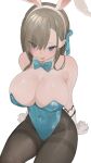  1girl :p animal_ears asuna_(blue_archive) asuna_(bunny)_(blue_archive) bare_shoulders black_pantyhose blue_archive blue_eyes blue_ribbon blush bow bowtie breasts brown_hair cleavage covered_navel detached_collar fake_animal_ears gloves hair_ribbon highres large_breasts long_hair pantyhose playboy_bunny rabbit_ears ribbon simple_background sitting smile solo studiokwsk thighband_pantyhose tongue tongue_out white_background white_gloves 