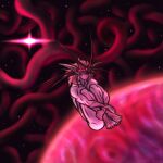  abstract_art antennae_(anatomy) convenient_censorship curled_up elf eyes_closed fetal_pose floating hair hi_res hugging_legs humanoid humanoid_pointy_ears male not_furry nude pink_body pink_hair pink_skin planet red_light solo space star taraelblackwing va&#039;kri_ryakh_(taraelblackwing) 