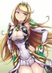  1girl bare_shoulders blonde_hair breasts chest_jewel circlet cleavage cleavage_cutout clothing_cutout cowboy_shot dress earrings elbow_gloves gloves hands_on_own_hips highres jewelry large_breasts long_hair looking_at_viewer mythra_(xenoblade) ravenhart signature smile solo white_dress white_gloves xenoblade_chronicles_(series) xenoblade_chronicles_2 yellow_eyes 