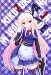  1girl alice_(alice_in_wonderland) alice_(alice_in_wonderland)_(cosplay) alice_in_wonderland animal_ears apron blonde_hair brown_eyes collar cosplay crescent garter_straps gloves gun kantai_collection kikuzuki_(kancolle) long_hair purple_thighhighs rabbit_ears red_ribbon ribbon shimoogawa thighhighs weapon 