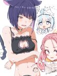  3girls animal_ears bare_shoulders bell black_bra black_hair blue_archive blush bra breasts cat_cutout cat_ears cat_lingerie chibi choker clearite cleavage cleavage_cutout clothing_cutout collarbone colored_inner_hair commentary_request extra_ears forehead frilled_bra frills hair_ornament hairclip halo jacket jingle_bell kazusa_(blue_archive) long_hair looking_at_viewer looking_to_the_side medium_breasts meme_attire multicolored_hair multiple_girls navel neck_bell open_mouth parted_bangs pink_hair purple_eyes red_eyes red_hair reisa_(blue_archive) short_hair sidelocks underwear wavy_mouth white_jacket yuzu_(blue_archive) 
