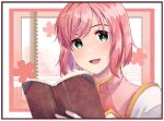 1girl :d bob_cut book border dress estellise_sidos_heurassein gloves green_eyes holding holding_book looking_at_viewer open_book open_mouth pink_hair saku_4696 short_hair smile solo tales_of_(series) tales_of_vesperia upper_body white_gloves 