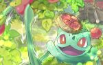  apple applin basket boots bright_pupils bulbasaur claws commentary_request fang food from_above fruit leaf no_humans nostrils open_mouth outdoors plant pokemon pokemon_(creature) red_apple red_eyes solo umipokemori vines white_pupils 