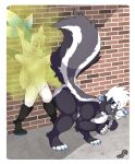  absurd_res against_surface against_wall anthro canid canine claws dominant dominant_male duo fart fart_cloud farting_on_another fox gassy hi_res male male/male mammal mephitid raised_leg rockyjstinkston sadism skunk skunk_spray skunk_tail smelly tail 