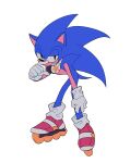  1boy animal_ears animal_nose full_body furry furry_male gloves half-closed_eyes hand_on_own_leg headphones headphones_around_neck inline_skates male_focus mo0n_friend red_footwear roller_skates rubbing_nose shoes simple_background skates solo sonic_(series) sonic_the_hedgehog standing tail white_background white_gloves 