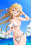  1girl bikini blonde_hair blue_eyes blue_sky braid breasts cloud cowboy_shot day eleanor_stella front-tie_bikini_top front-tie_top hair_between_eyes highres horizon light_rays long_hair medium_breasts nkshoujo ocean outdoors qianshuiting single_braid sky smile solo sunbeam sunlight swimsuit virtual_youtuber white_bikini 