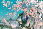  1boy bishounen black_gloves blue_eyes blue_hair blue_sky cherry_blossoms cowboy_shot genshin_impact gloves highres japanese_clothes kamisato_ayato male_focus outdoors short_hair sialou sky smile solo 