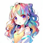 1girl :o ai-generated bare_shoulders blue_hair breasts cleavage collarbone hephaestus_(user_hccw8778) hololive hololive_english looking_at_viewer multicolored_hair nail_polish pink_hair solo takanashi_kiara tank_top virtual_youtuber white_background yellow_tank_top 