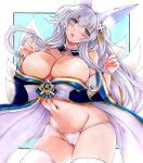  1girl animal_ear_fluff animal_ears azur_lane bare_shoulders blue_collar blue_eyes blue_kimono breasts cleavage collar fox_ears fox_girl fox_tail hands_up izumontan japanese_clothes kimono kitsune kyuubi large_breasts long_hair marker_(medium) multiple_tails no_pants off_shoulder panties shinano_(azur_lane) string_panties tail thighhighs traditional_media underwear white_hair white_tail white_thighhighs 