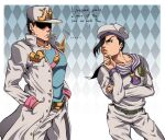  2boys argyle argyle_background black_eyes black_hair coat diamond_wa_kudakenai hand_on_own_chin hands_in_pockets hat highres jojo_no_kimyou_na_bouken jojolion kira_yoshikage_(jojolion) kristallion kujo_jotaro long_coat male_focus multiple_boys sailor_hat shaded_face stroking_own_chin sweater swept_bangs trait_connection turtleneck turtleneck_sweater white_coat 