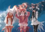  3girls arms_up backlighting bird_girl bird_tail bird_wings black-headed_ibis_(kemono_friends) black_hair black_pantyhose blouse blunt_bangs closed_mouth cloud covering_mouth day empty_eyes feet_out_of_frame frilled_sleeves frills fur_collar grin hand_to_own_mouth hands_up head_wings highres japanese_crested_ibis_(kemono_friends) kemono_friends legs_apart long_hair long_sleeves looking_at_viewer miniskirt multicolored_hair multiple_girls neck_ribbon open_mouth outdoors over-kneehighs pantyhose pero_(sabuaka_bacon) pleated_skirt red_eyes red_hair red_pantyhose ribbon scarlet_ibis_(kemono_friends) shirt skirt sky smile standing standing_on_one_leg tail thighhighs two-tone_hair white_hair wide_sleeves wings yellow_eyes 