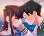  1boy 1girl absurdres artist_name black_eyes black_hair closed_eyes closed_mouth couple evening forehead-to-forehead heads_together hetero highres j_humbo jacket komi-san_wa_komyushou_desu komi_shouko letterman_jacket long_hair outdoors short_hair signature smile tadano_hitohito upper_body 