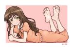  1girl barefoot blush border brown_hair closed_mouth collarbone collared_shirt commentary commission english_commentary feet feet_up foot_focus frilled_sleeves frills full_body head_rest long_hair lying on_stomach orange_pants orange_shirt pajamas pants pink_background puffy_short_sleeves puffy_sleeves shirt short_sleeves sidelocks smile soles solo spread_toes the_pose to_love-ru toes tsukimaru_(ls_99ml) twitter_username white_border yellow_eyes yuuki_mikan 
