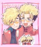  2boys black_hair black_shirt blonde_hair blue_eyes closed_mouth crossover earrings engw_oisi glasses highres jacket jewelry male_focus mole mole_under_eye multicolored_hair multiple_boys one_eye_closed open_mouth pink_background red_jacket round_eyewear shirt short_hair single_earring smile trigun trigun_stampede two-tone_hair upper_body vash_the_stampede 