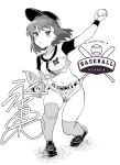  1girl ball baseball_cap baseball_mitt baseball_uniform character_signature crop_top greyscale hat highres idolmaster idolmaster_million_live! idolmaster_million_live!_theater_days midriff minazuki_tooru monochrome nagayoshi_subaru navel shorts skinny sportswear 