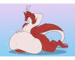  anthro belly big_belly canid canine cmitchell dragon fox fur grey_eyes hi_res horn hybrid male mammal paws red_body red_fur solo vore 