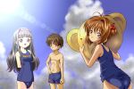  1boy 2girls antenna_hair ashinagaojisan ass ball beachball black_hair blue_sky brown_eyes brown_hair cardcaptor_sakura cloud cowboy_shot daidouji_tomoyo green_eyes hairband kero kinomoto_sakura li_xiaolang long_hair looking_at_viewer looking_back male_swimwear medium_hair multiple_girls one-piece_swimsuit purple_eyes purple_hairband red_headwear school_swimsuit short_hair sky smile swimsuit 