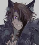  1boy animal_ears brown_hair coat e.g.o_(project_moon) heathcliff_(limbus_company) limbus_company lk0_71604 looking_at_viewer male_focus portrait project_moon purple_coat purple_eyes sharp_teeth simple_background sketch solo teeth white_background wolf_boy wolf_ears 