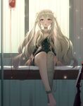  1girl assault_rifle bandaged_leg bandages barefoot blood blood_bag blue_dress commentary_request dress full_body girls&#039;_frontline gun hair_between_eyes highres indoors intravenous_drip kimi_(jxrm5387) long_hair looking_at_viewer on_bed open_mouth ribeyrolles_(girls&#039;_frontline) ribeyrolles_1918 rifle sidelocks sitting solo twintails very_long_hair weapon white_hair window 