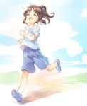  1girl black_hair blue_shorts closed_eyes exercise full_body idolmaster idolmaster_cinderella_girls kawaseki long_hair open_mouth ponytail running shirt shoes short_sleeves shorts sketch sneakers solo sweat t-shirt tachibana_arisu white_shirt 