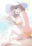  1girl :d bare_legs barefoot beach bikini blue_archive blush bracelet breasts floating_hair green_eyes hair_between_eyes halo halterneck hat head_tilt highres jewelry keita_(kta0) large_breasts light_brown_hair long_hair looking_at_viewer looking_to_the_side nonomi_(blue_archive) nonomi_(swimsuit)_(blue_archive) open_mouth shallow_water side-tie_bikini_bottom sideboob sidelocks smile soles solo sun_hat swimsuit toes water white_headwear yellow_bikini 
