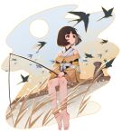  1girl absurdres bare_legs bare_shoulders barefoot bird black_hair blue_sky blunt_bangs bob_cut border chinese_clothes clothing_cutout dress fading_border faux_figurine feet fishing fishing_line fishing_rod from_below full_body full_moon highres holding holding_fishing_rod jianxia_qingyuan_(series) jianxia_qingyuan_online_3 long_sleeves looking_to_the_side moon multicolored_sky outside_border reeds short_dress short_hair shoulder_cutout sitting sky solo swallow_(bird) toes wide_sleeves yellow_dress yellow_sky yi_er_san 