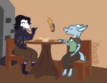  anthro avian beverage big_breasts big_butt bird breasts butt charop_(nokamiwd) container corvid corvus_(genus) crow cup duo female hi_res ingrid_(harry_amoros) ingrid_the_plague_doctor kobold nokamiwd non-mammal_breasts oscine passerine simple_background tea tea_cup teapot thick_thighs wide_hips 