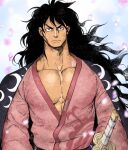  1boy abs aged_up artist_name black_hair closed_mouth highres japanese_clothes katana kimono long_hair looking_at_viewer momonosuke_(one_piece) one_piece open_clothes solo solo_focus suyohara sword traditional_clothes v-shaped_eyebrows weapon 