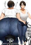  1girl ass bicycle black_footwear bra_visible_through_clothes breasts brown_eyes brown_hair cleavage collarbone denim ground_vehicle highres jeans large_breasts mature_female multiple_views original pants pantylines sakura_no_tomoru_hi_e shirt short_hair solo translation_request white_background white_shirt 