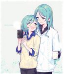  2girls aqua_hair bang_dream! black_pants black_shirt blue_shirt braid character_name collared_shirt cup green_eyes holding holding_cup long_hair looking_at_another medium_hair milk_puppy mug multiple_girls open_mouth pants shirt siblings sisters smile sweater twin_braids twins twitter_username white_background white_sweater yellow_sweater 
