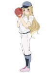  1girl artist_request bad_link baseball_cap baseball_mitt baseball_uniform blush cleats drawfag hands_up hat highres k-on! kotobuki_tsumugi long_hair pants pink_footwear shirt simple_background socks solo sportswear standing thick_eyebrows very_long_hair white_background white_pants white_shirt 