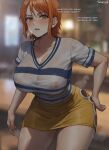  1girl artist_name blue_shirt blurry blurry_background breasts covered_nipples english_text highres indoors large_breasts leaning_forward looking_at_viewer nami_(one_piece) one_piece open_mouth orange_eyes orange_hair see-through see-through_shirt shexyo shirt short_hair short_sleeves skirt solo teeth two-tone_shirt upper_teeth_only wet wet_clothes wet_shirt white_shirt yellow_skirt 
