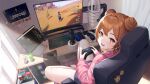  absurdres bottle brown_eyes brown_hair chair controller day double_bun dramz game_controller gaming_chair hair_bun highres indie_virtual_youtuber indoors jacket keyboard_(computer) long_hair looking_at_viewer microphone monitor mouse_(computer) mousepad_(object) nintendo_switch open_mouth paimon_(genshin_impact) plastic_bottle playing_games saja_mori shorts sitting smile swivel_chair tighnari_(genshin_impact) track_jacket virtual_youtuber window xbox_controller 
