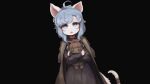  1girl :o ahoge animal_ears bags_under_eyes black_background black_dress blue_eyes blue_hair blush bow braid brown_cape brown_cloak brown_coat cape cat_ears cat_girl cat_tail child cloak coat coat_on_shoulders cowboy_shot doll doll_hug dress fang furry furry_female hair_over_shoulder highres holding holding_doll holding_stuffed_toy hwaryeok little_tail_bronx long_hair long_sleeves looking_at_viewer medium_hair object_hug open_mouth ribbon senjou_no_fuuga sheena_(senjou_no_fuuga) sidelocks simple_background solo standing straight-on stuffed_animal stuffed_cat stuffed_toy tail tail_ornament tail_ribbon twin_braids 
