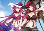 2girls alternate_costume bare_shoulders breasts cleavage closed_mouth crossover dorothea_arnault fire_emblem fire_emblem:_three_houses fire_emblem_engage fire_emblem_heroes floral_print flower hat hayashinomura highres holding_hands ivy_(fire_emblem) large_breasts light_smile long_hair looking_at_viewer multiple_girls official_alternate_costume print_sarong purple_eyes purple_hair red_flower red_rose rose rose_print sarong smile 