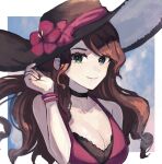  1girl bare_arms bare_shoulders bikini black_choker black_headwear blue_eyes breasts brown_hair choker cleavage commentary_request dorothea_arnault dorothea_arnault_(summer) fire_emblem fire_emblem:_three_houses fire_emblem_heroes flower hat hat_flower highres large_breasts leon0630claude long_hair looking_at_viewer official_alternate_costume purple_bikini purple_flower smile solo sun_hat swimsuit upper_body 