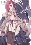  1girl animal_ears big_hair blush bow braid cat_ears cat_tail coat cowboy_shot fish_skeleton ghost hair_bow hat highres jikuno large_hat long_hair off_shoulder original overcoat red_eyes shirt signature skirt sleeveless sleeveless_shirt stitches suspender_skirt suspenders tail twin_braids twitter_username witch_hat 