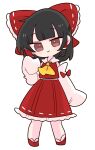  1girl ascot bare_shoulders blush bow brown_eyes brown_hair chibi closed_mouth commentary_request detached_sleeves frilled_bow frills full_body hair_bow hair_tubes hakurei_reimu hand_up head_tilt highres long_sleeves looking_at_viewer medium_hair op_na_yarou red_bow red_skirt red_vest simple_background skirt skirt_set sleeves_past_fingers sleeves_past_wrists smile solo standing touhou vest white_background yellow_ascot 