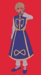  1other androgynous blonde_hair blood blood_on_hands blue_tabard crystal_earrings earrings full_body highres hunter_x_hunter jewelry kurapika long_sleeves looking_at_viewer oh_myowa666 red_background red_eyes short_hair simple_background solo straight-on tabard 