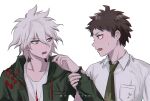  2boys ahoge badge boleum_(dgrpluna) breast_pocket brown_hair collarbone collared_shirt danganronpa_(series) danganronpa_2:_goodbye_despair green_jacket grey_hair hair_between_eyes hinata_hajime holding_another&#039;s_wrist jacket komaeda_nagito messy_hair multiple_boys open_clothes open_jacket open_mouth pocket print_shirt shirt short_hair simple_background sweatdrop teeth upper_body upper_teeth_only 