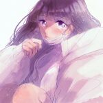  1girl black_hair frown hair_behind_ear highres jacket looking_at_viewer mask mouth_mask oke_(knjou_g_tya) original purple_eyes ribbed_sweater sleeves_past_wrists solo squatting sweater white_background white_jacket white_sweater 