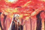  1boy amakusa_shirou_(fate) amakusa_shirou_(third_ascension)_(fate) ascot autumn autumn_leaves black_kimono commentary_request cross_print fate/grand_order fate_(series) forest hair_ribbon high_ponytail japanese_clothes jinbaori kimono long_hair long_sleeves looking_at_viewer male_focus medium_bangs mogukk nature official_alternate_costume official_alternate_hair_length official_alternate_hairstyle open_mouth parted_bangs red_ribbon ribbon smile solo tree upper_body very_long_hair white_ascot white_hair wide_sleeves yellow_eyes 