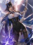  1girl black_corset blue_cape blue_hair blue_headwear breasts button_gap cape cleavage clorinde_(genshin_impact) corset dark_blue_hair epaulettes genshin_impact gloves hat hat_feather highres large_breasts liang_xing solo tricorne white_gloves 