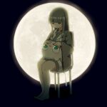  1girl barefoot black_background closed_eyes closed_mouth commentary_request creature full_moon green_eyes grey_hair highres japanese_clothes kimono kuro_kosyou long_hair long_sleeves moon on_chair open_clothes original ribbon-trimmed_sleeves ribbon_trim sitting sleeves_past_wrists white_kimono wide_sleeves 