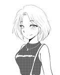  1girl bag bare_shoulders dithering greyscale jewelry light_smile looking_at_viewer machao monochrome necklace original shirt short_hair shoulder_bag simple_background sleeveless sleeveless_shirt smile solo 