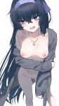  1girl absurdres black_hair blue_archive blue_eyes blush breasts collarbone feet_out_of_frame female_pubic_hair hairband highres jacket jewelry long_hair long_sleeves looking_to_the_side naked_jacket necklace nipples nishinomiya_suzu no_bra no_panties off_shoulder open_clothes open_jacket open_mouth pubic_hair purple_hairband single_bare_shoulder small_breasts solo standing ui_(blue_archive) very_long_hair 