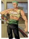  1boy abs bara bare_arms black_pants blush clothes_lift clothes_pull cropped_legs embarrassed green_hair hd189733b highres long_sideburns male_focus muscular muscular_male one_piece pants parody_request pectorals print_shirt roronoa_zoro sheath sheathed shirt shirt_lift shirt_pull short_hair sideburns solo stomach sweatdrop tank_top yellow_tank_top 