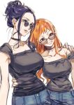  2girls black_choker black_hair black_shirt blue_eyes brown-tinted_eyewear choker denim earrings eyelashes glasses h0h0ti hair_bun hair_up happy highres jewelry long_hair looking_over_eyewear matching_outfits multiple_girls nami_(one_piece) nico_robin one_piece orange_eyes orange_hair shirt simple_background single_hair_bun sketch smile standing sunglasses tinted_eyewear white_background 